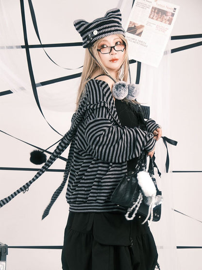 Plus Size Black & Gray Stripes Bunny Hoodie Jacket with Pompon Drawstrings