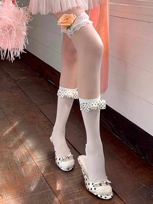 Black/White Polka-dot Pattern Bowknot Calf Socks