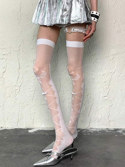 White Y2K Bowknot Details Crisscorss Banded Over-knee Stockings