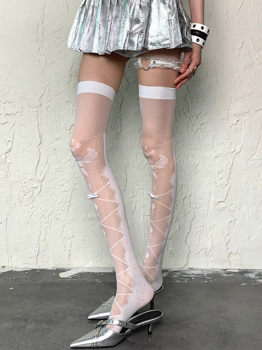 White Y2K Bowknot Details Crisscorss Banded Over-knee Stockings