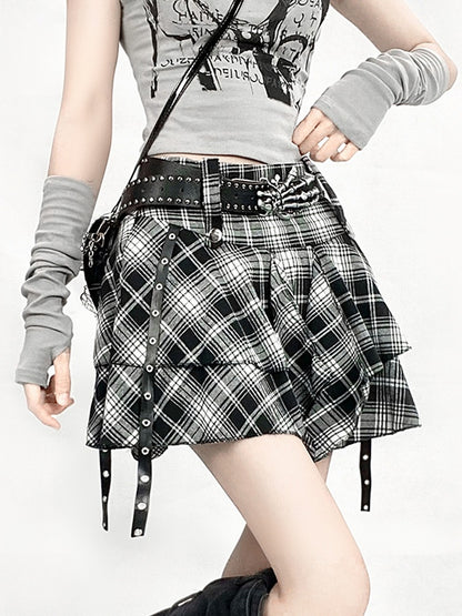 Black & White Plaid Handkerchief Hem Skirt + Buckle Straps Leg Warmers