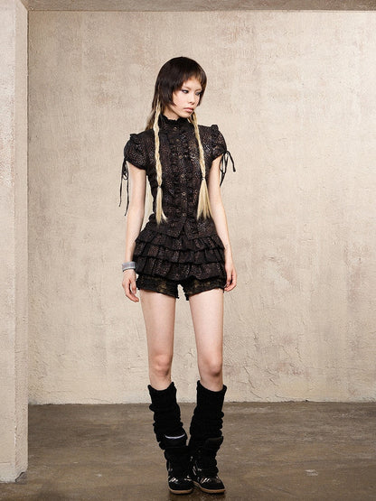 Gyaru Fashion Black Punk Leopard Print Low-Rise Skort with Ruffle Layers & Elastic Waist