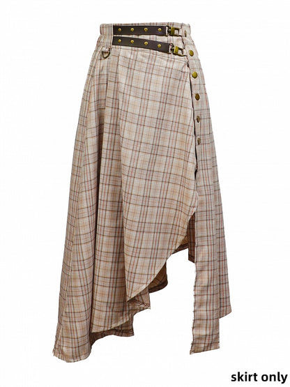 Light Brown Vintage Plaid Skirt Side Thigh-high Slit