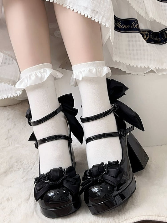 Polished Black Bow at Top Platform High Block Heels