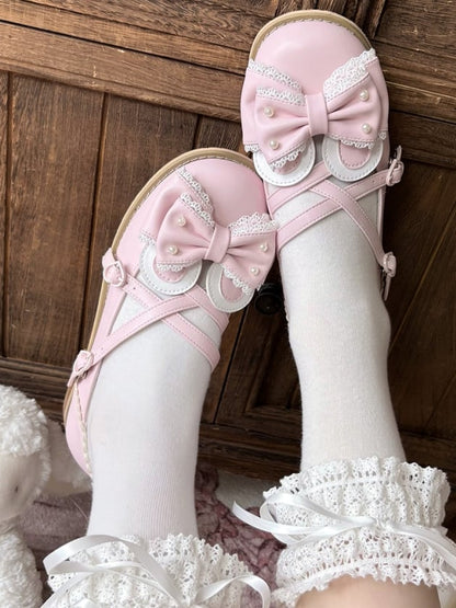 Pink Beaded Decorated Bow at Top Crisscross Design Bunny Ear Lolita Shoes