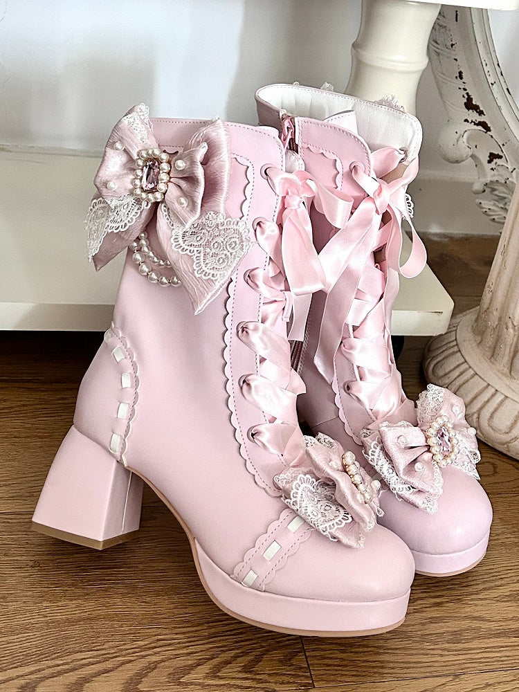 PU Pink Sweet Lolita Mid-Calf Boots - Crystal & Bead Decor Bow with Lace-Up & Inner Zip