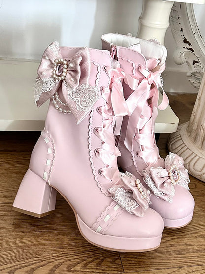 PU Pink Sweet Lolita Mid-Calf Boots - Crystal & Bead Decor Bow with Lace-Up & Inner Zip