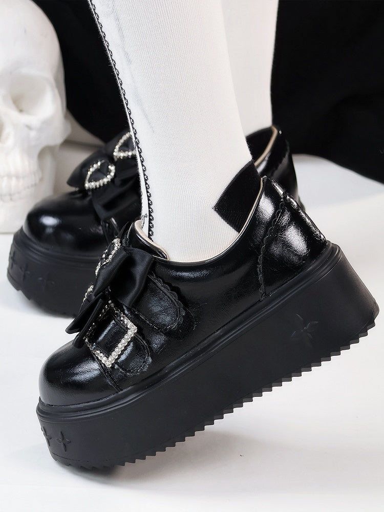 Black Jirai Kei Slip-on Platforms with Rhinestone Heart Decor & Bow Accents in Thicken/Regular Version
