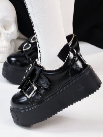 Black Jirai Kei Slip-on Platforms with Rhinestone Heart Decor & Bow Accents in Thicken/Regular Version