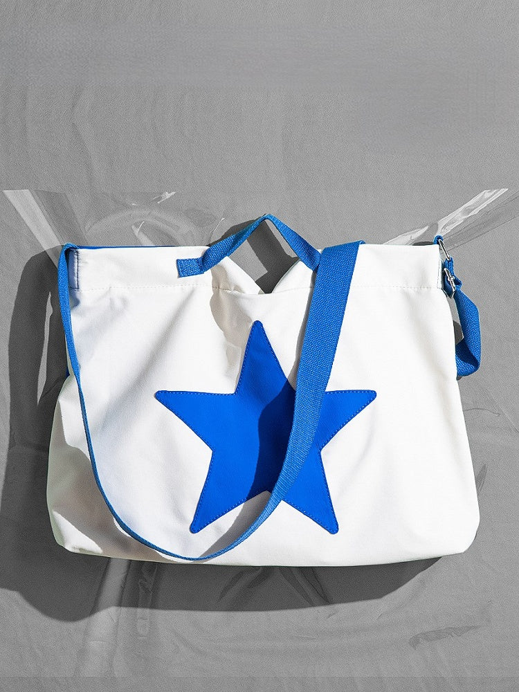 Classic White and Blue Spacious Star-Pattern Tote Bag