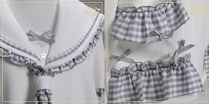 Jirai Kei Sailor Collar Sweatshirt with Dusty Blue Plaid Ruffles with Free Tie