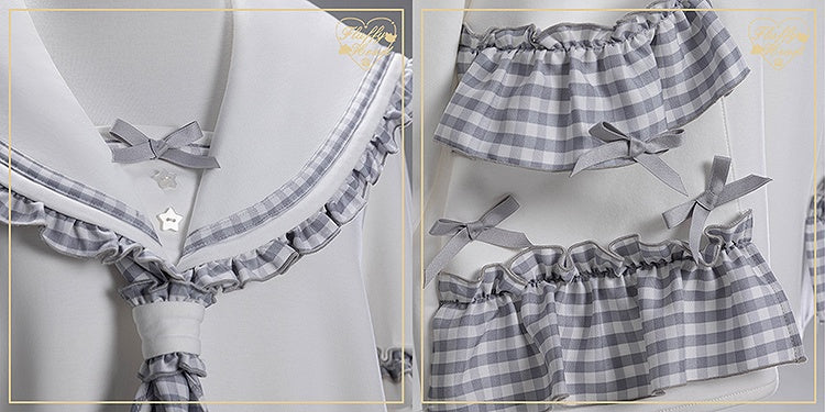 Jirai Kei Sailor Collar Sweatshirt with Dusty Blue Plaid Ruffles with Free Tie