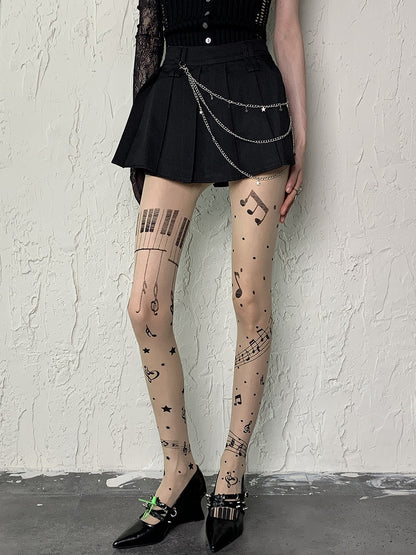 Nude Y2K Piano Note Star Print Polka-dot Pattern Tights