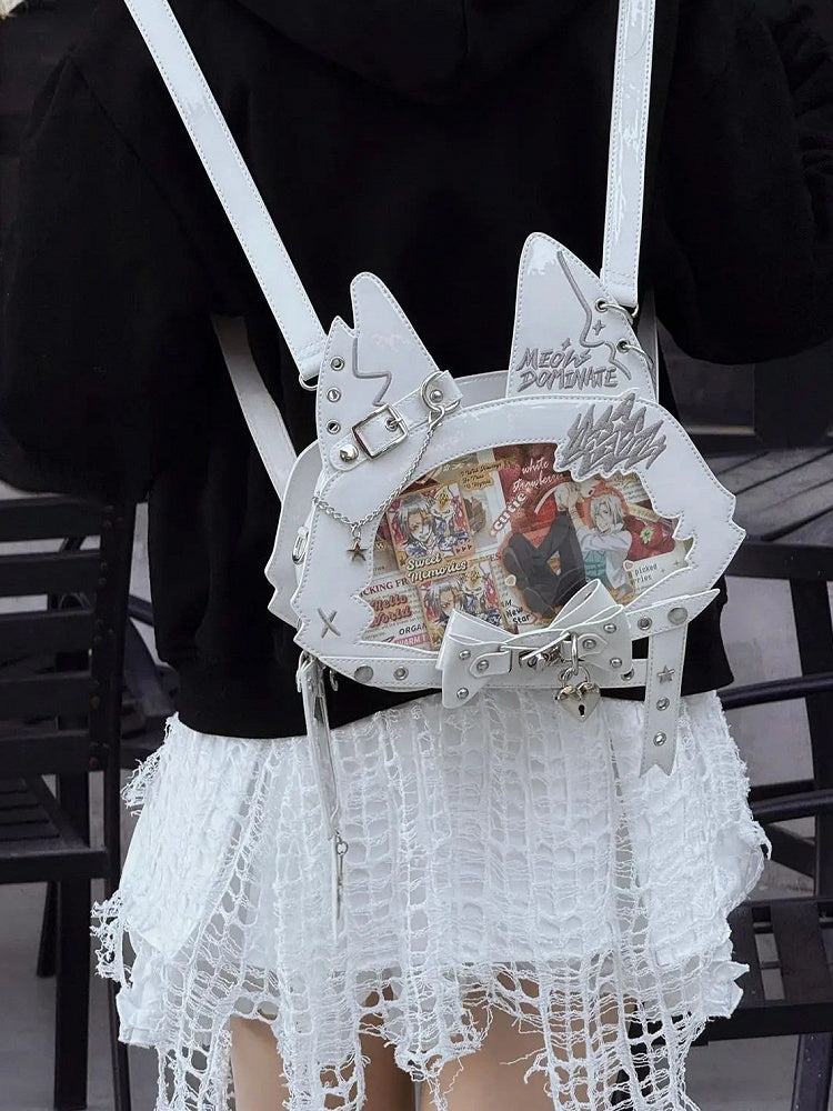 Kitty Ear Design Bowknot Studs Detail White PU Tote Ita Bag with Free Card Holder