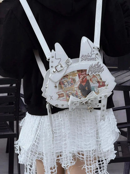 Kitty Ear Design Bowknot Studs Detail White PU Tote Ita Bag with Free Card Holder