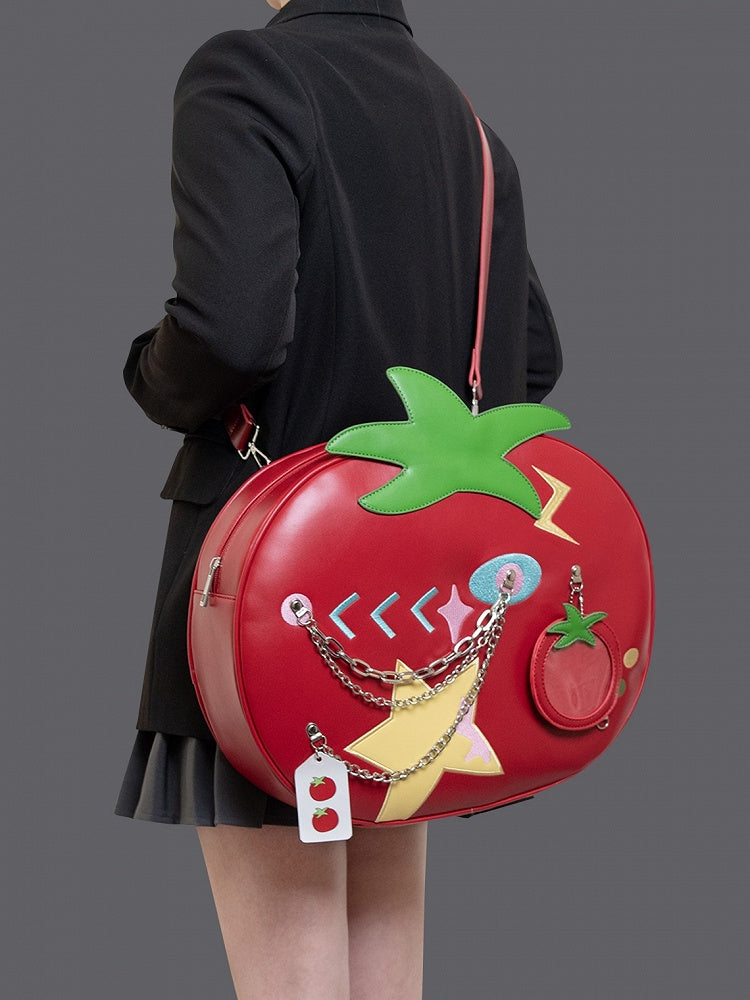 2-Way Red Juicy Tomato Backpack With Star Patches And Chain Accents