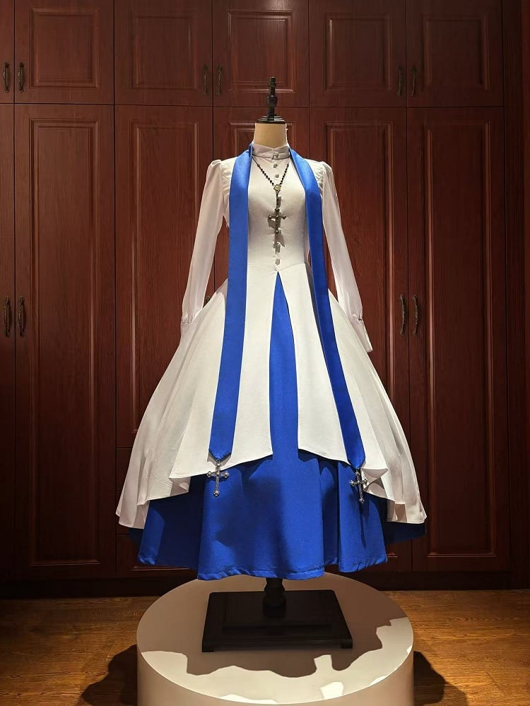 White and Klein Blue Nun Lolita Long Sleeves Dress