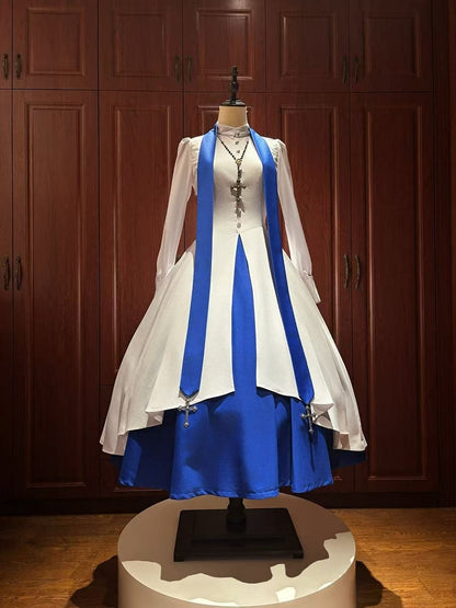 White and Klein Blue Nun Lolita Long Sleeves Dress