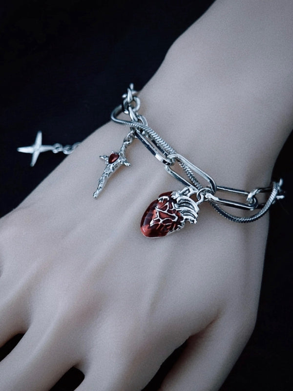 Gothic Handmade Heart and Cross Charm Silver Bracelet