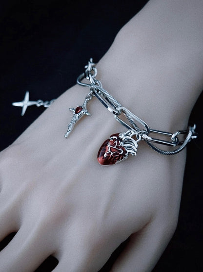 Gothic Handmade Heart and Cross Charm Silver Bracelet
