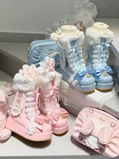 Bunny-Themed Sweet Blue Winter Boots for Lolita with Bow at Top & Lace-up Closure