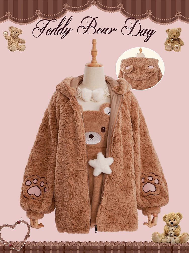 Brown Fluffy Teddy Bear Jacket with Ears Hood for Girls/Women