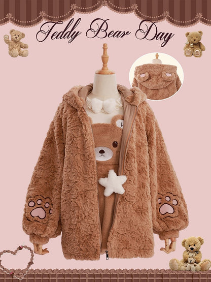 Brown Fluffy Teddy Bear Jacket with Ears Hood for Girls/Women