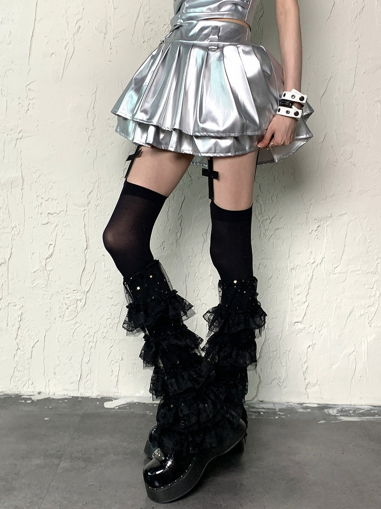 Black Y2K Star and Moon Tiered Ruffle Trims Leg Sleeves