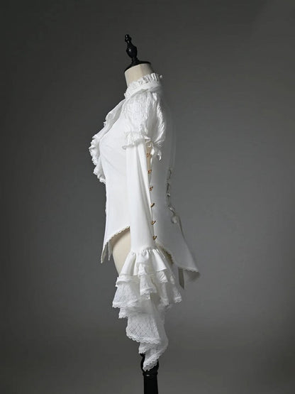 White Jabot Ruffled High Neck High-low Hem Long Sleeves Shirt