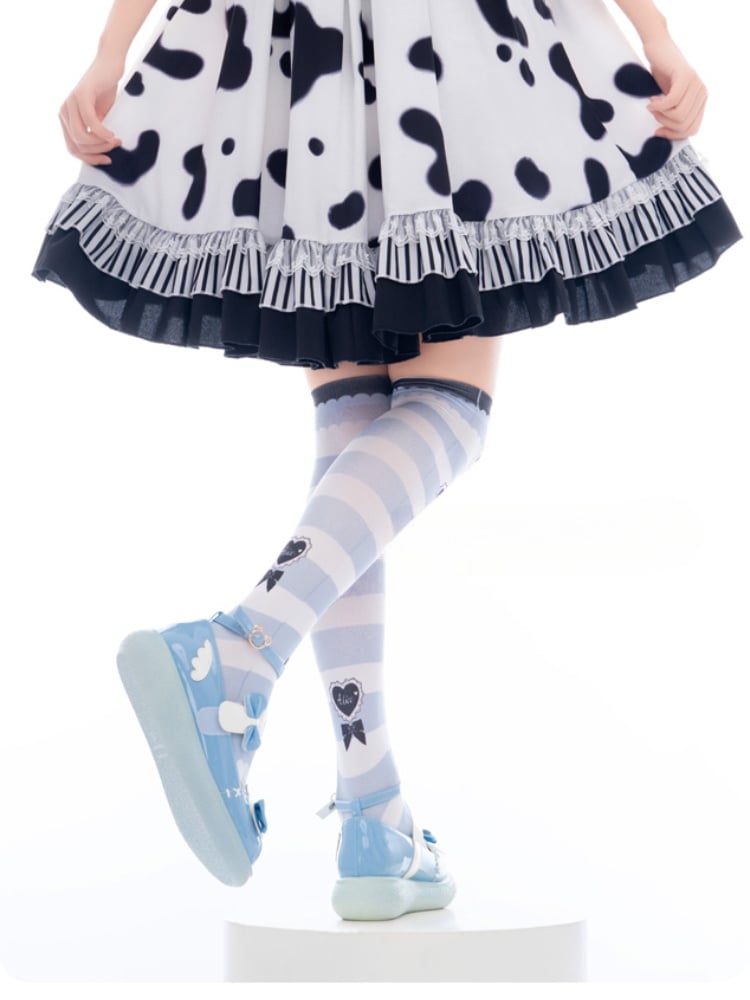 Blue & White Stripes Bow and Heart Print Over Knee Stockings