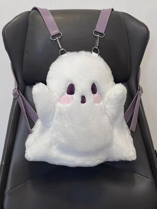 White Ghost-shaped Fleece Backpack With Taro Purple Straps