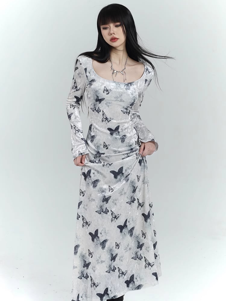White Velvet Butterfly Print Slim-fitting Dress