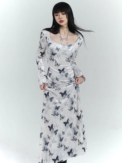 White Velvet Butterfly Print Slim-fitting Dress