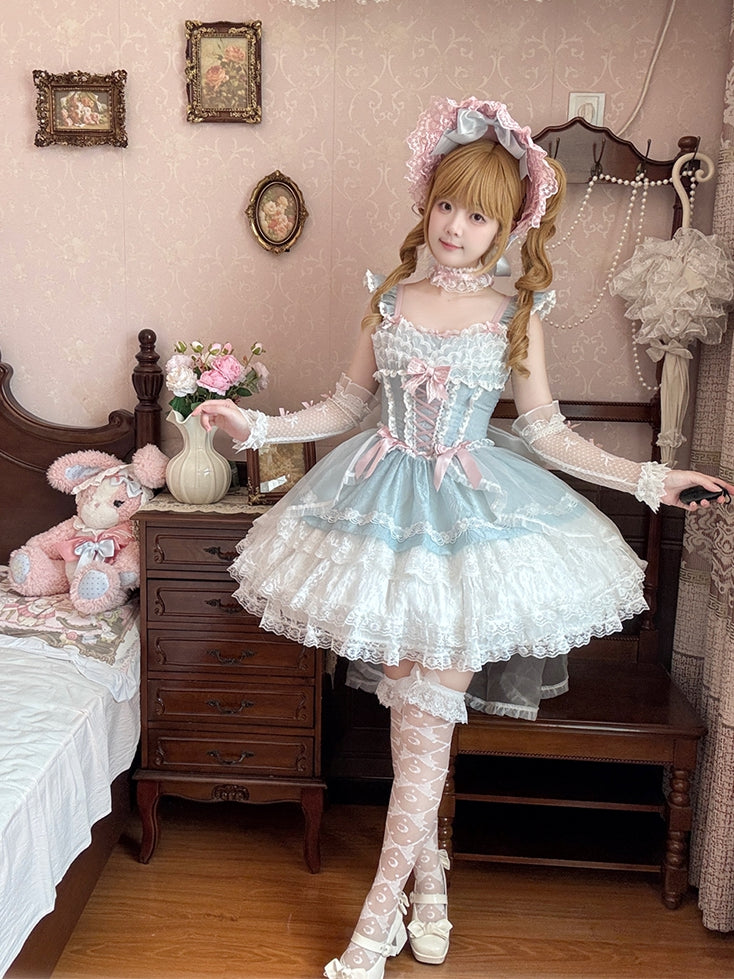 Light Blue Flutter Sleeves Three-layered Tiered Skirt Balletcore Sweet Lolita Jumper Skirt