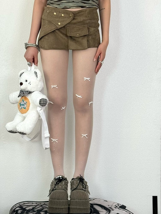 White/Purple/Pink Bowknot Details Rhinestone Decorated Tights