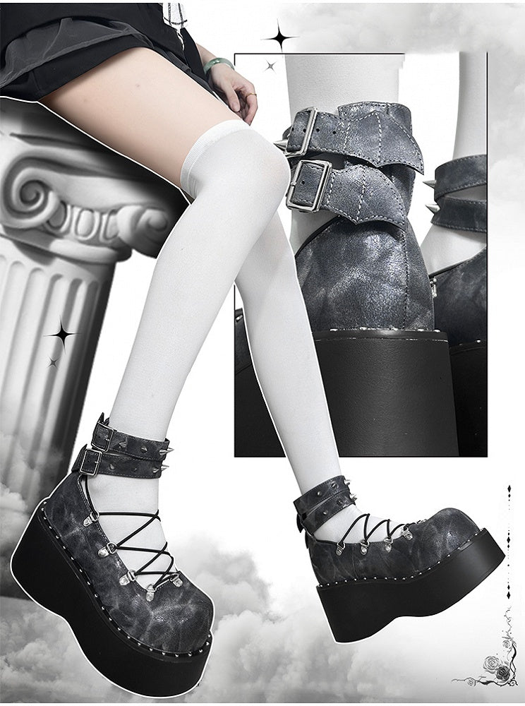 Front Lace-up Spike Stud Detailing Gray Punk Lolita Platforms