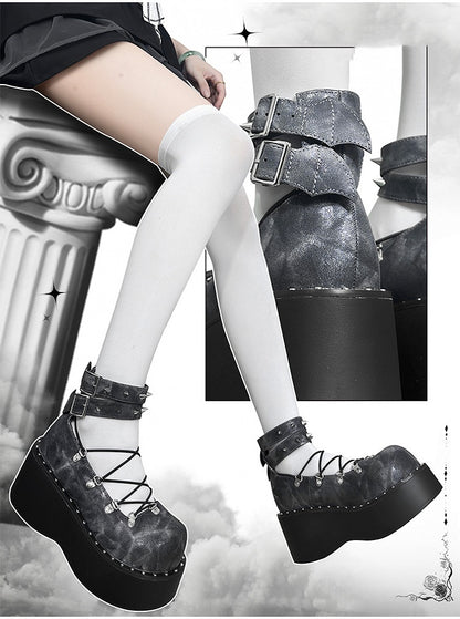 Front Lace-up Spike Stud Detailing Gray Punk Lolita Platforms