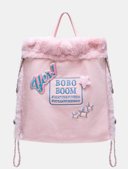 Fluffy Letter-Embellished Pink Backpack with Chain Straps and Holographic Star Accents
