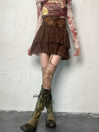 Brown/Black/Gray/White/Red Wasteland Punk Hollow-out Design Suspender Stockings