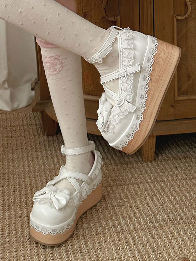 White Crisscross Design Bunny Ear Bow at Top Lace Trim Platforms