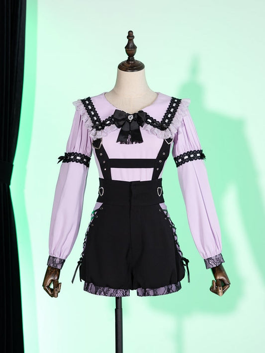 Purple Jirai Kei Lace Trimming Sailor Collar Long Sleeves Blouse