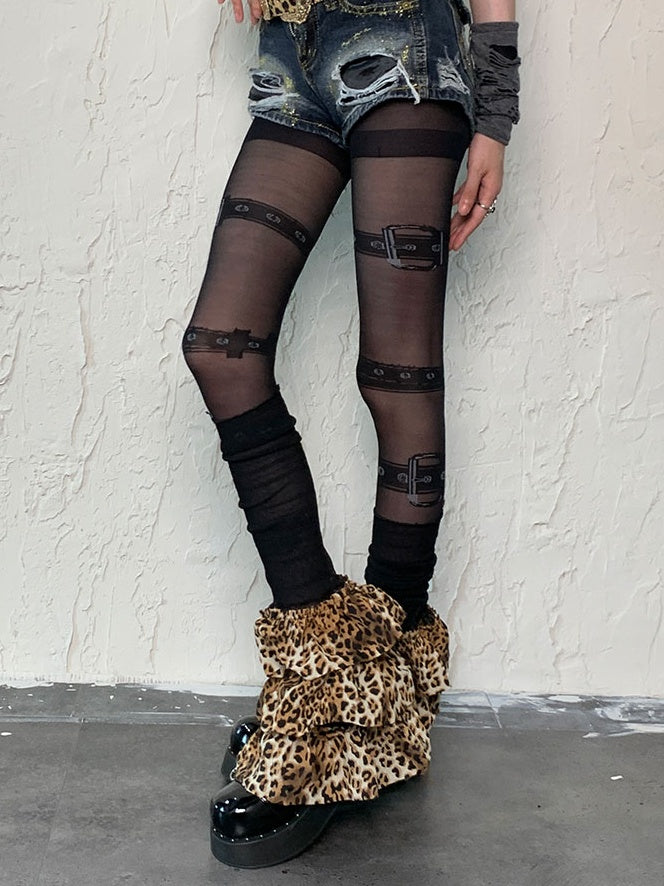 Black Punk Buckle Print Tights