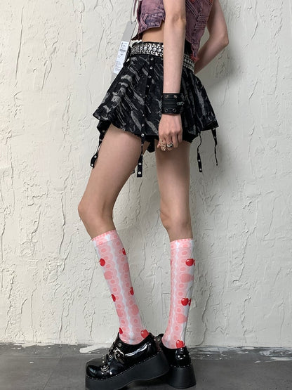 Pink Y2K Cherry And Bowknot Print Underknee Stockings