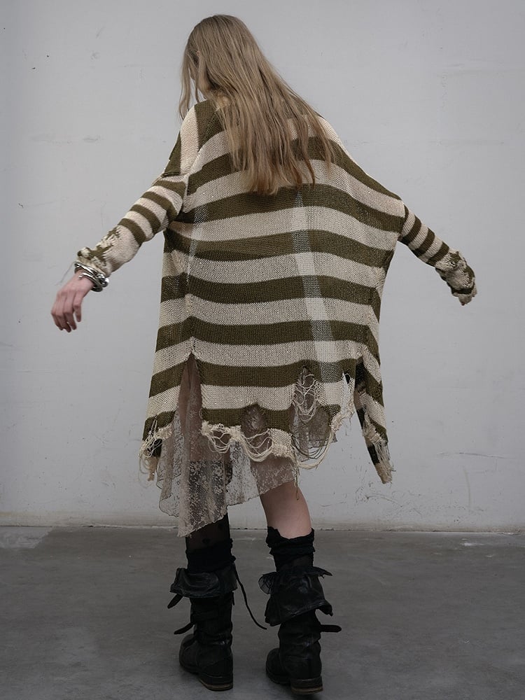 Green Wasteland Punk Striped Pattern Cardigan