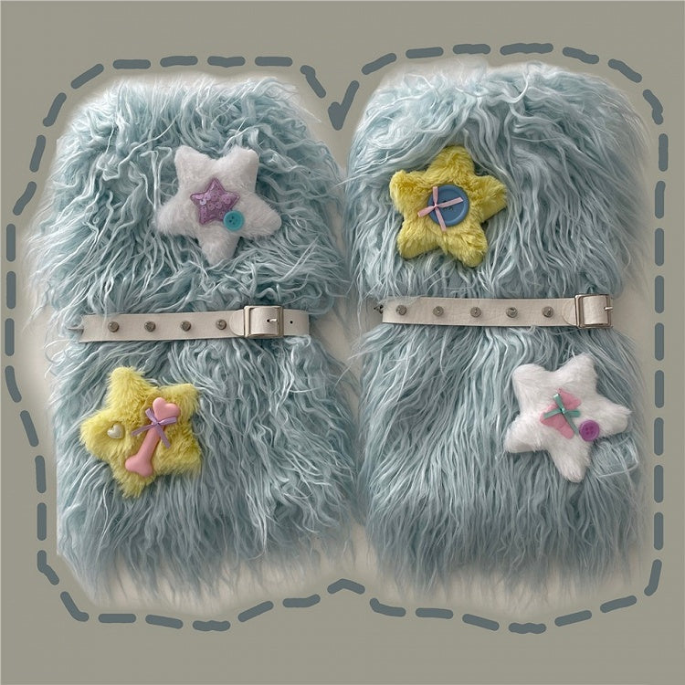 Pink/Blue Stars Decorated Plush Leg Warmers With Studded Garter