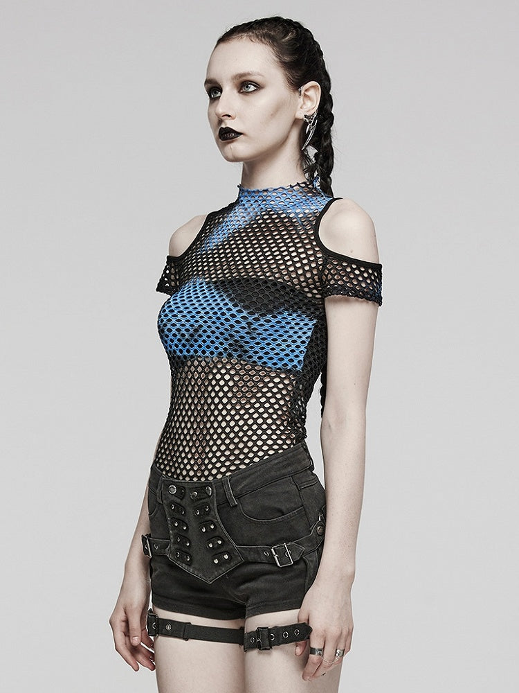 Black and Blue Punk Tie-dyed Mesh Short Sleeve T-shirt