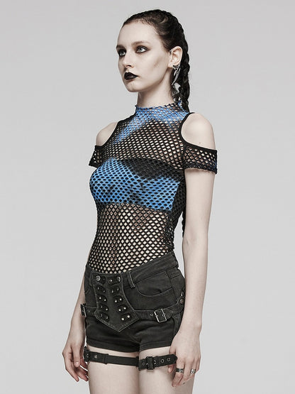 Black and Blue Punk Tie-dyed Mesh Short Sleeve T-shirt