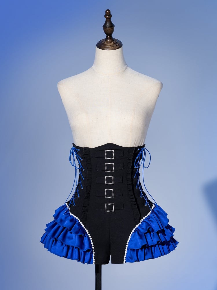 Deep Sea Blue Tiered Ruffle Cuffs Black Super High Waist Corset Shorts