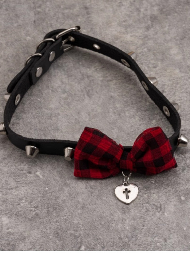 Black And Red Plaid Pattern Bowknot With Heart Pendant Choker