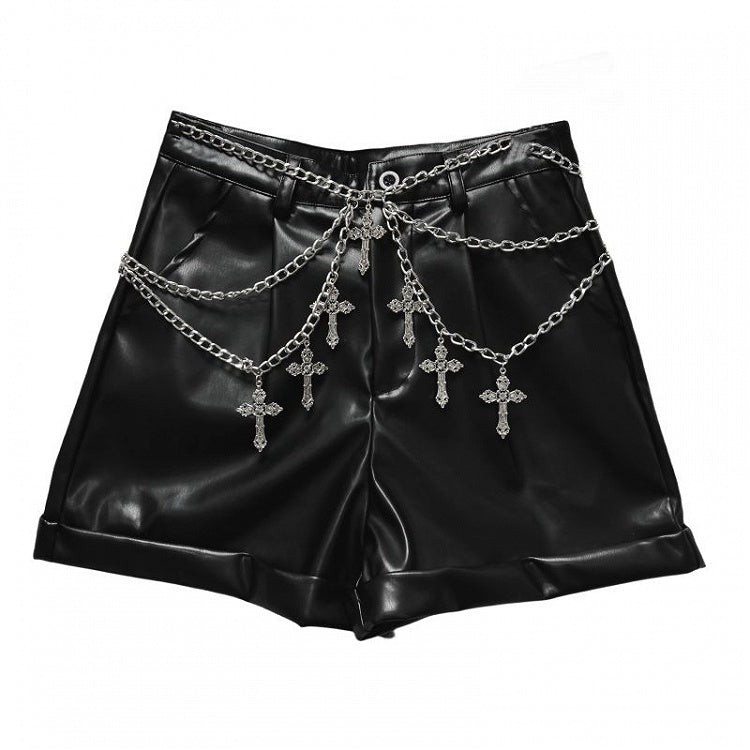 Punk Black Rock PU Shorts with Waist Chains